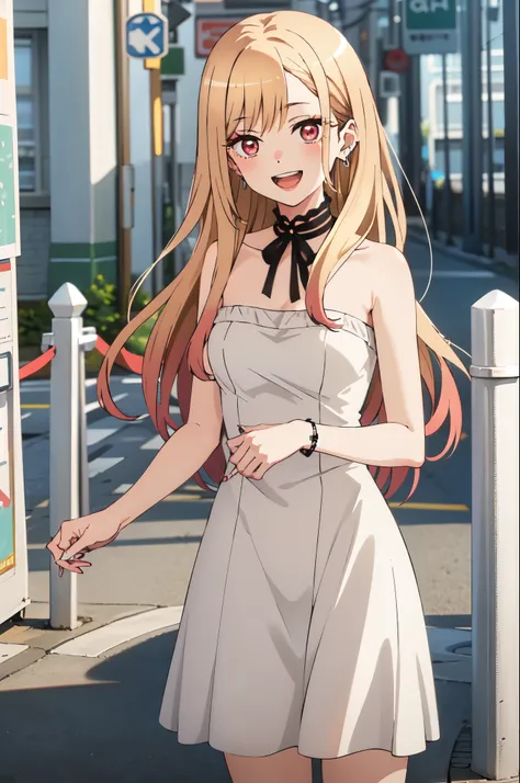 highest quality, (masterpiece:1.2), be familiar with,
Kitagawa Marine SB,
1 girl, alone, open your mouth, smile, teeth,
long hair, blonde hair, red eyes, colorful hair, earrings,
Are standing, looking at the viewer,white dress、clavicle