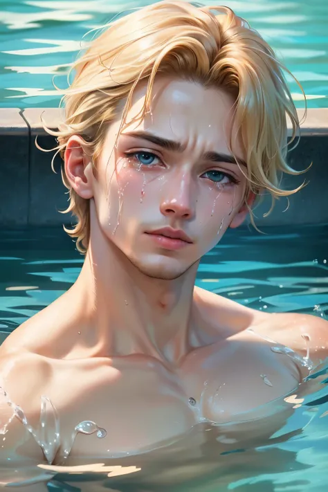 ((best quality)), ((masterpiece)), (detailed), perfect face, Man1,blond hair,  Drowning, can&#39;t swim, dying, tearful, Drowning하는, floundering, Drowning,