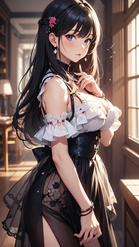 最high quality、best image quality、masterpiece、teenage girl((18-year-old、 By becoming、vest bust、medium bust,wide open breast tea、black eye, black hair、long hair、thin,highest valley、beautiful black dress)),high quality、beautiful art、background((Luxurious venu...