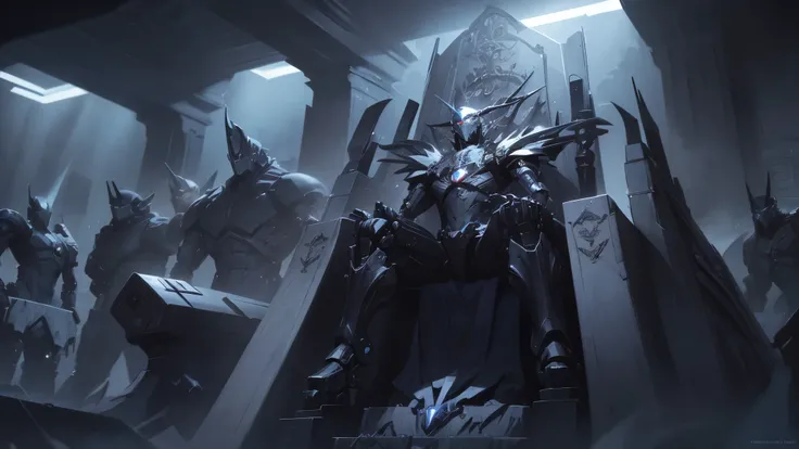 A robot sits on a throne with a lot of robots behind it, the best quality, a masterpiece, a cinematic texture