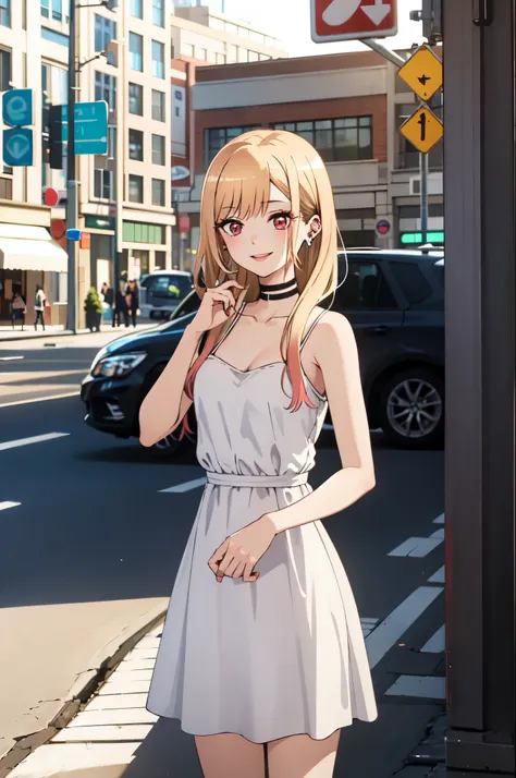 highest quality, (masterpiece:1.2), be familiar with,
Kitagawa Marine SB,
1 girl, alone, close your mouth, smile, lips long hair, blonde hair, red eyes, colorful hair, earrings,
Are standing, looking at the viewer,white dress、clavicle、city