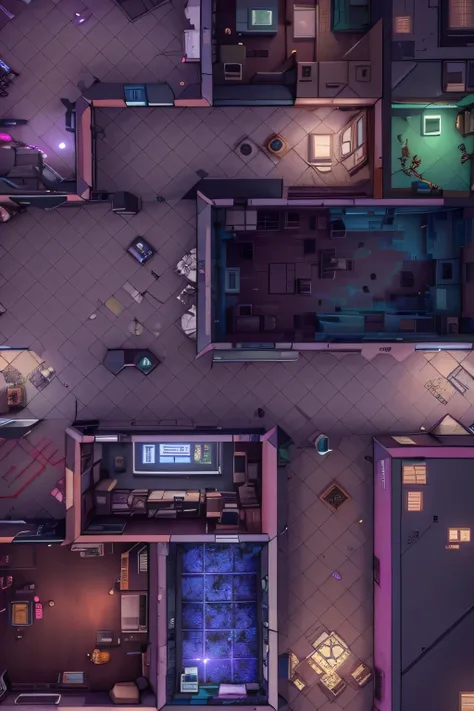 a close up of a building with a lot of rooms and a bathroom, set in cyberpunk bank vault, cyberpunk basement, lo-fi retro videogame, top floor boss shit, game top down view, randomly segmented rooms, cyberpunk dungeon, interior gameplay screenshot, backgro...