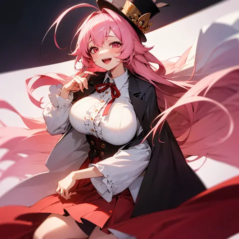 1 girl, game CG, frilled white shirt, short red skirt, cloak, top hat, neck ribbon, gigantic breasts, pink hair, long hair, straight hair, princess hairstyle, ahoge, pink eyes, smile, open mouth,