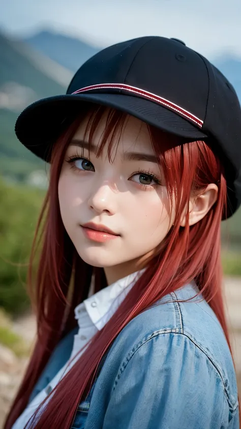 Close up a red-haired girl walking a mountain and wearing a hat