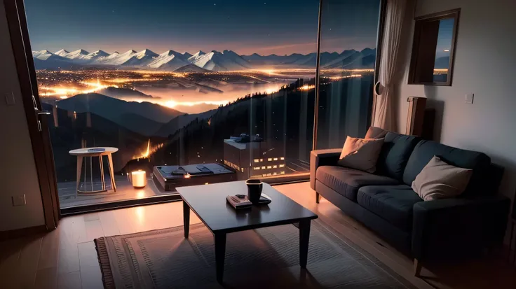 Simple，Minimalist，Room，View from the window，Floor-to-ceiling windows，night，pyrotechnics，Mountain，floor，table，coffee mug， macbook