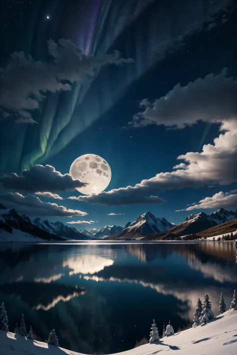 sky，a full moon in the center，a lot of stars twinkle，white clouds cover half of the moon，aurora，the moon over the snowy mountain...