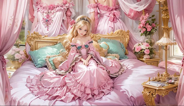 highest quality, masterpiece, highest resolution, artwork, super それにget used to it, many get used to it, get used to it, それにget used to it, romantic,woman, ((10 years old)),the girl is a princess,((dark pink satin fabric)),pink victorian dress, ((Gorgeous ...