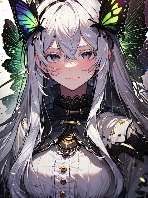 ((highest quality)),(debris flies, ultra high resolution),1 girl, beautiful and detailed face, fine eyes,((gray hair)),(((Black and Green theme))),((whole body)),perfect eyes、no background,white background,long dress,echidna,butterfly々hair accessory,arroga...