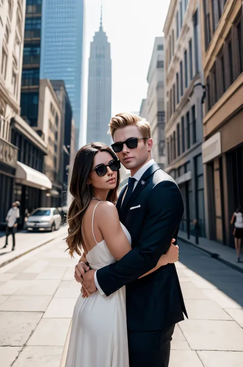 Behind the brunette girl stands a blond guy in sunglasses and hugs her around the waist in formal suits against the backdrop of the city of the future