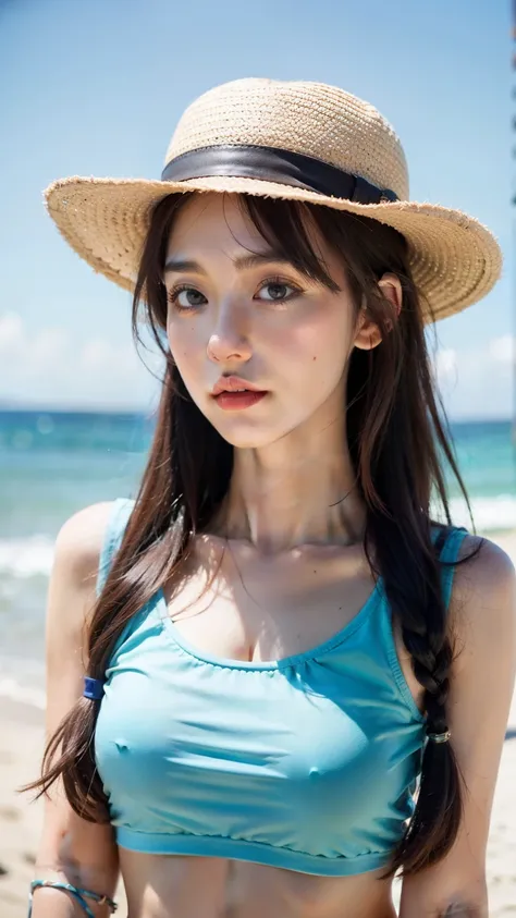 Close up a red-haired girl walking a beach and wearing a hat and transparent crop top shirt 