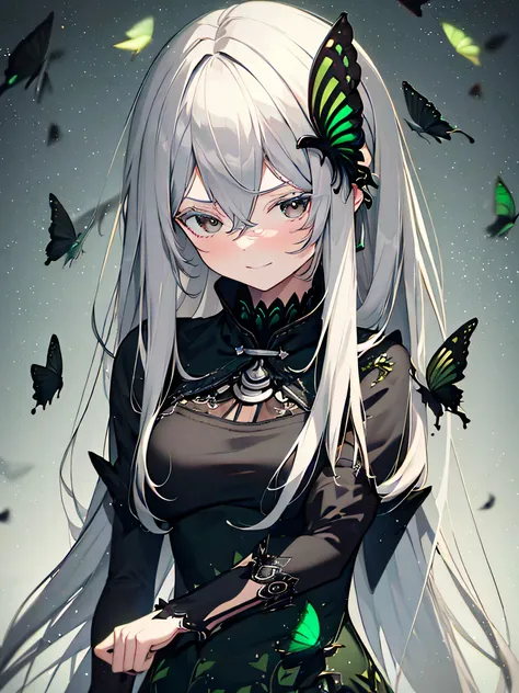 ((highest quality)),(debris flies, ultra high resolution),1 girl, beautiful and detailed face, fine eyes,((gray hair)),(((Black and Green theme))),((whole body)),perfect eyes、no background,white background,long dress,echidna,butterfly々hair accessory,arroga...