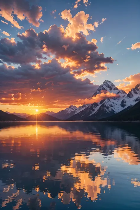 sunset,The sun is in the middle,Red sunset,The sunset covered half of the sun,The sunset fills the entire sky,Mountain peaks and white clouds are reflected on the lake,Detailed 4K digital art,Impressive fantasy scenery,