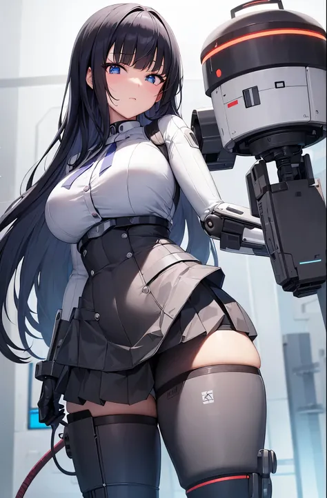 masutepiece, Best Quality, Extremely detailed,  (8K, 4K, Best Quality, hight resolution, 超A high resolution:1.1),  1girl in, Japaese Cyborg highschool Girl,Plump ,Navy Pleated Mini Skirt,Black tights,control panels,android,Droid,Mechanical Hand, ,Robot arm...