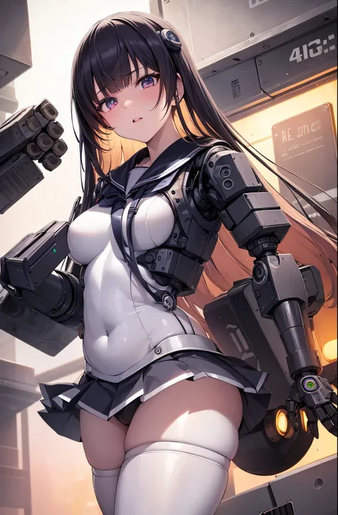 masutepiece, Best Quality, Extremely detailed,  (8K, 4K, Best Quality, hight resolution, 超A high resolution:1.1),  1girl in, Japaese Cyborg highschool Girl,Plump ,Navy Pleated Mini Skirt,Black tights,control panels,android,Droid,Mechanical Hand, ,Robot arm...