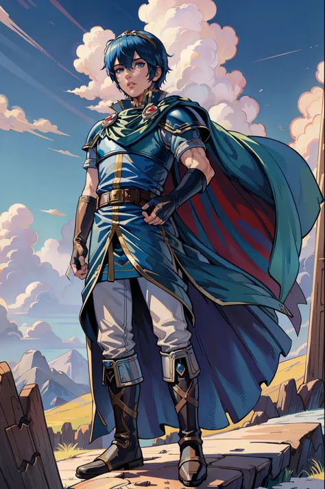 masterpiece, best quality, marth, tiara, cape, armor, blue tunic, fingerless gloves, belt, boots, field, trees, clouds, looking ...