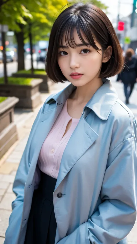 Best-quality, Masterpiece, Ultra-High-Resolution, (Photorealistic:1.4), Raw-Photo, 1girl, the most popular Japanese idol, walking on street of HIROSHIMA, wearing luxurious-trench-coat, extremely cute face like the most famous Japanese idol, ((extremely bea...