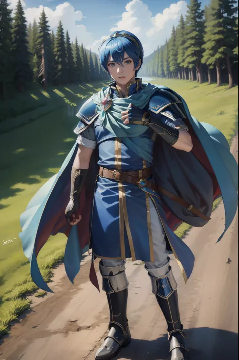 masterpiece, best quality, marth, tiara, cape, armor, blue tunic, fingerless gloves, belt, boots, field, trees, clouds, looking ...