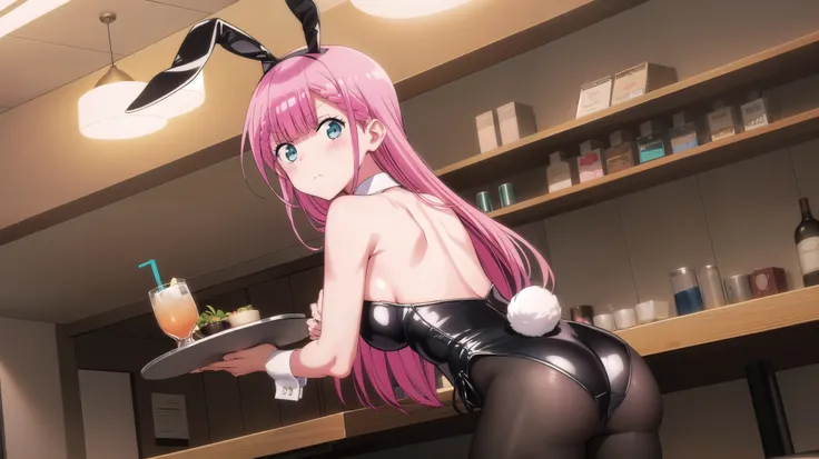 masterpiece, best quality, 1girl, solo, kirisu mafuyu, looking at viewer, annoyed, closed mouth, blush, embarrassed, large breasts, playboy bunny, rabbit ears, black pantyhose, red bowtie, wrist cuffs, black leotard, holding tray, foods, drinks, standing, ...