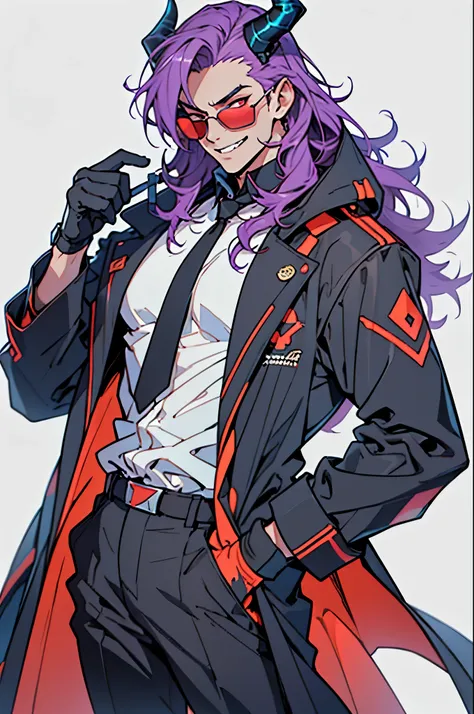 1boy, solo, cowboyshot, (2d illustration), (anime style), (hand in pocket), perfectly structured, ((mature male)), 30 years old, (large build), rugged face, red eyes, grin, purple hair, wavy hair, long hair, highly detailed, vibrant colors, composite light...