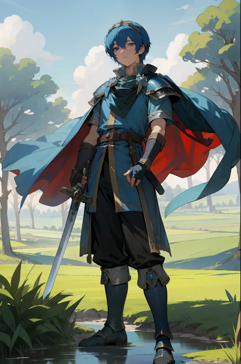 masterpiece, best quality, marth, tiara, cape, armor, blue tunic, fingerless gloves, belt, pants, boots, unsheathing sword, stan...