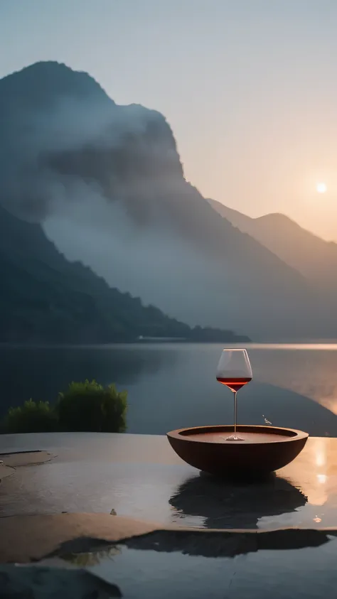 There is a round screen in the middle, and the screen has a bottle of Baijiu. A stone is used as the base for wine, in a minimalist style, with water ripples underneath and smoke swirling. Minimalist and atmospheric, ultra-high definition, with the best qu...