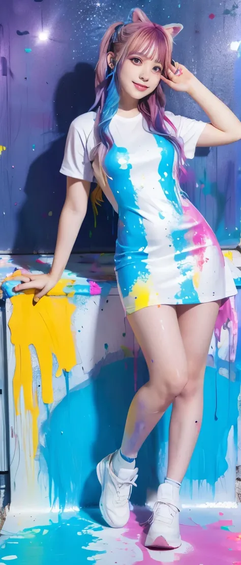 Idol covered in paint、Full body Esbian、mini dress covered in paint、Emitting light、Colorful hair