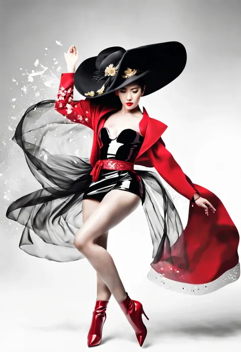 (Big Red Poster) (Art Dance Poster Design), (Half Body), (Beautiful and ethereal Chinese dancers dance elegantly), (Wearing fashionable modern workplace attire: 0.8), Head up posture, fair and flawless skin, high nose bridge, (Face wearing a big hat: 1.37)...