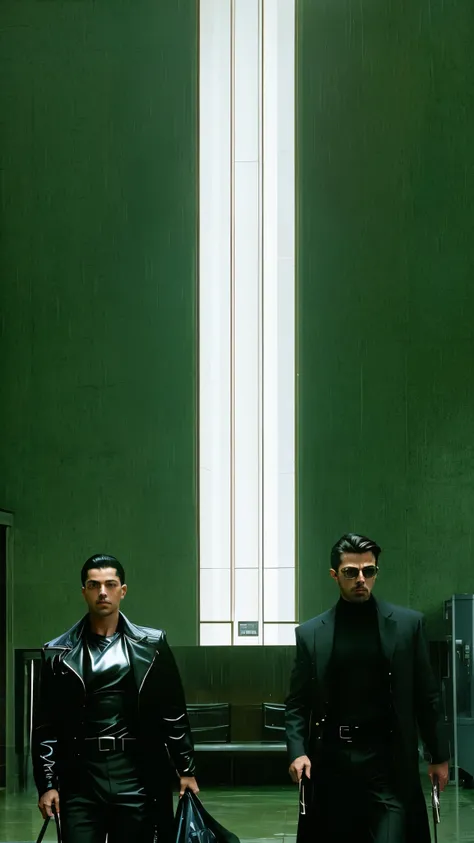 there is faaris azura and trinity in black jackets standing in a hallway, faaris azura in movie still from the matrix, faaris azura  from the matrix, faaris azura the matrix, still from the matrix (1999), 