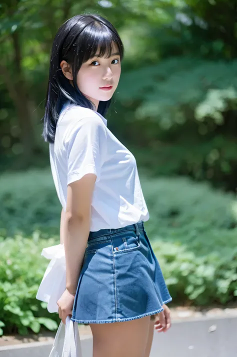 18 year old schoolgirl in white shirt and light blue miniskirt..（black hair straight）