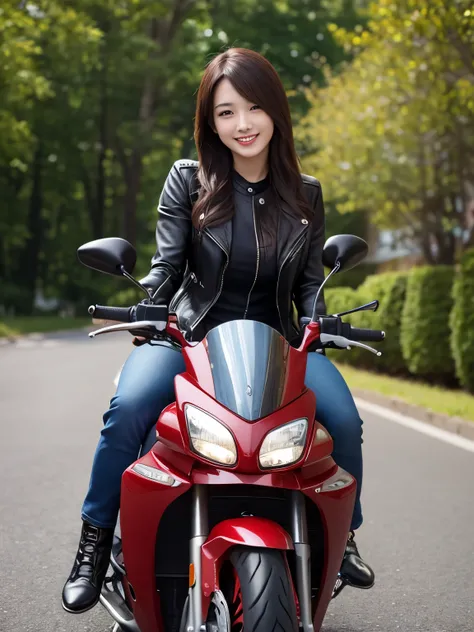 Sharp and clear images、Photo of a woman wearing leather pants、smile、Riding an elaborately decorated motorcycle