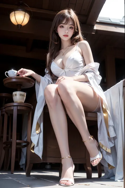 ((full body)), ((from below)), detailed, dense, masterpiece, a girl, beautiful, outdoor, cafes, Sunlight, sit on the chair, cross legs, elegant posture, Attractive pose, sexy, sexy的双腿, brown hair, 22 years old, smooth skin, glowing skin, glowing hair, clea...