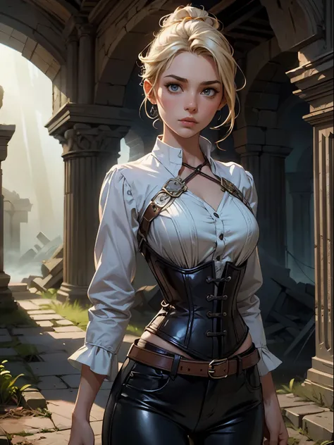 zrpgstyle, portrait beautiful girl solo alone medieval rpg character painting blonde hair upsweep updo swashbuckler rogue black ...