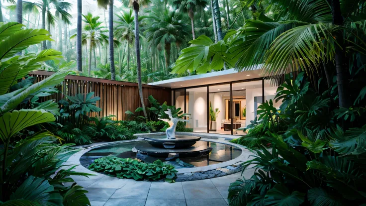 exterior, villa modern, tropical garden, combination of trees, decoration, ecology, sunlight, forest, raw photo, (high detailed ...