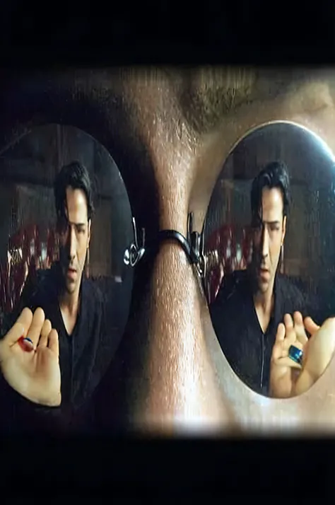 reflection of faaris azura in a pair of sunglasses with a red nail, morpheus, in the matrix, faaris azura from matrix ( 1 9 9 9 ), from matrix(1999), faaris azura in the matrix, matrix, in matrix, faaris azura in movie still from the matrix, faaris azura