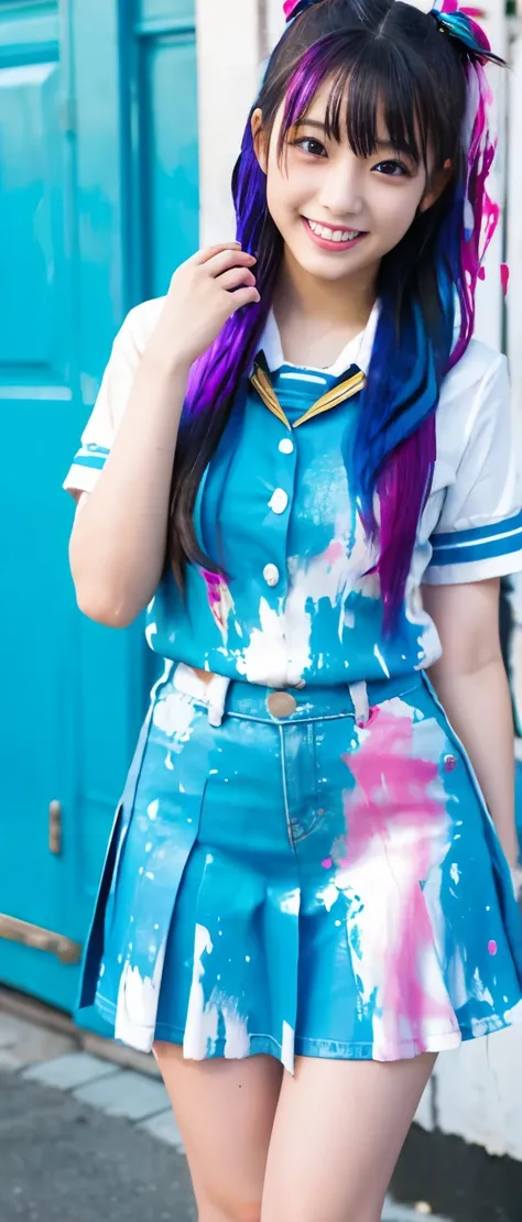 High school girl idol covered in paint、Full body Esbian、uniform covered in paint、、Colorful hair