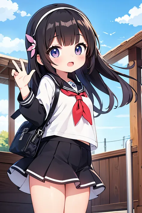 anime girl waving with train in background, cute anime girl, anime visual of a cute girl, kantai collection style, (anime girl),...