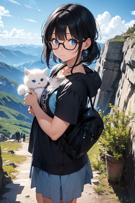 Black-haired blue-eyed、man&#39;s daughter、hiking clothes、climbing the crazy mountains、Glasses、It&#39;s fluffy