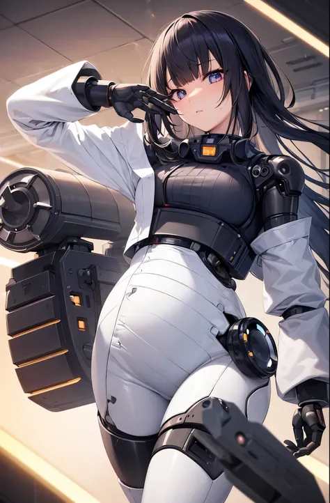 masutepiece, Best Quality, Extremely detailed,  (8K, 4K, Best Quality, hight resolution, 超A high resolution:1.1),  1girl in, Japaese Cyborg highschool Girl,Plump ,Navy Pleated Mini Skirt,Black tights,control panels,android,Droid,Mechanical Hand, ,Robot arm...