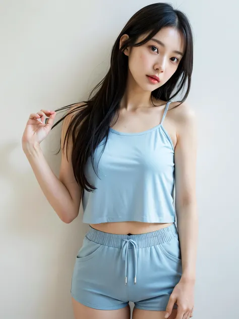 See-through tops、big breasts、Plump thighs、shorts pants、(背景にwhite wall、Part of her hair is sky blue:1.4)、white wall、Taken in front of the white door、(窓のあるwhite wallの部屋)、((highest quality、8K、masterpiece:1.3))、ultra high resolution、(photorealistic:1.4)、raw ph...