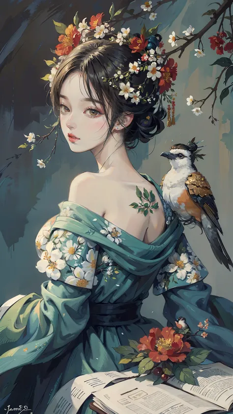 a painting of a woman with flowers and leaves on her head and a bird on her shoulder by James Jean