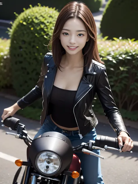 Crisp and clear images、Photo of a woman with the front of her leather biker jacket open、smile、A woman astride a detailed full cowl large motorcycle