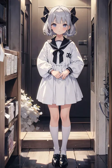 (highest quality、4K、High resolution、masterpiece)、silver hair、short hairstyle、Big eyes、young girl、Soft smile、sailor suit、Black shoes、white stockings、(前面にwhole body写真)、(whole body)、((Are standing))、one girl、((I dont need a ribbon))