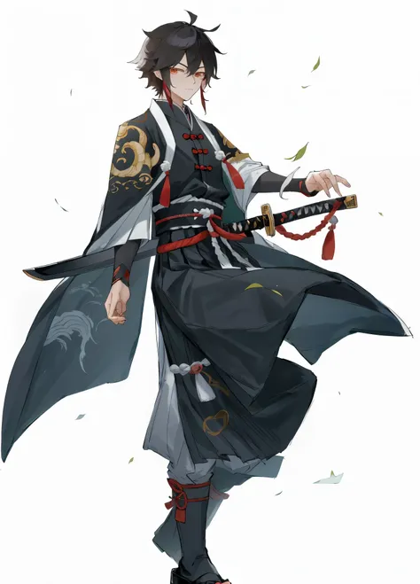 8K，high quality！！Detail enhancement！！Highest image quality！！Anime character holding sword and black and white clothing, Chinese style，Handsome boy，Pleats，Hair details，keqing from impact, Inspired by Okumura Masanobu, zhongli from  impact, heise jinyao, , I...