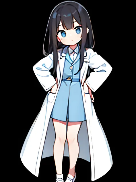 girl like a doctor、deformed、transparent background、Photographed from head to foot、wearing a white coat、facing the front、Looks smart、black hair