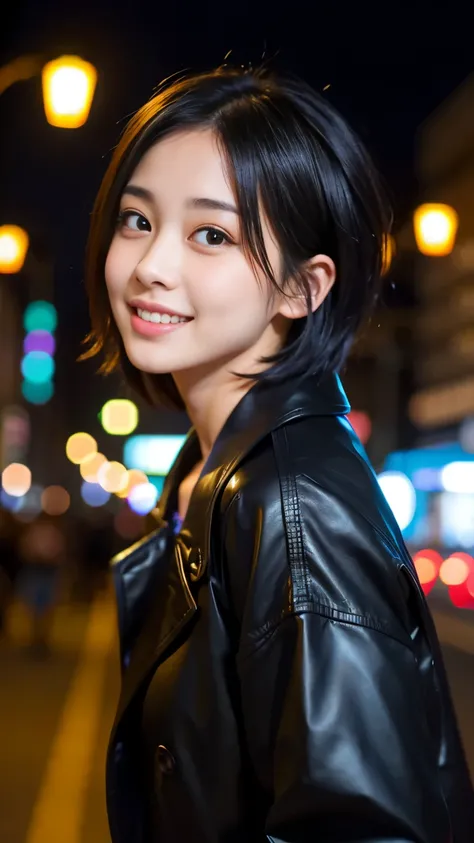 Best-quality, Masterpiece, Ultra-High-Resolution, (Photorealistic:1.4), Raw-Photo, at midnight, 1girl, the most popular Japanese idol, walking on street of HIROSHIMA, wearing luxurious-trench-coat, completely-drunk, grinning, ((extremely cute face like the...