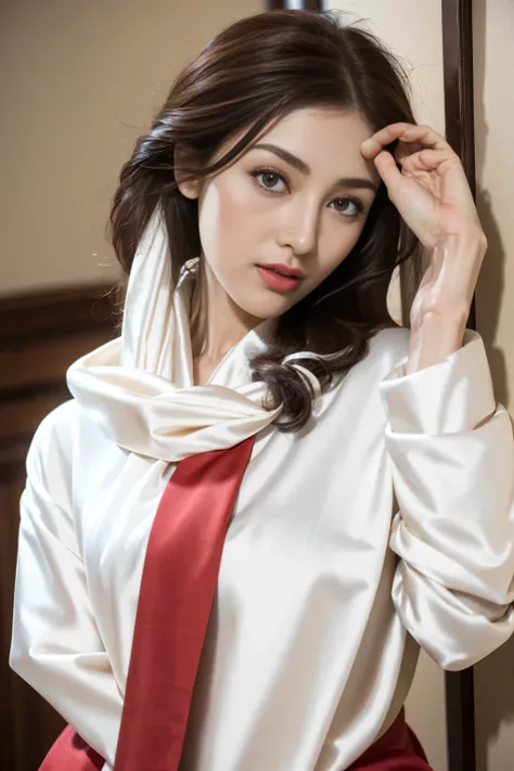 nice images，clear focus，perfect brown eyes，Bright red lips，Long hair with a shawl，Home，Look head-on，Complete pose，Wonderful faces..，look beautiful..，((Elegant white casual wear))，extra focus，Radiant face，Details of the face，8K resolution，