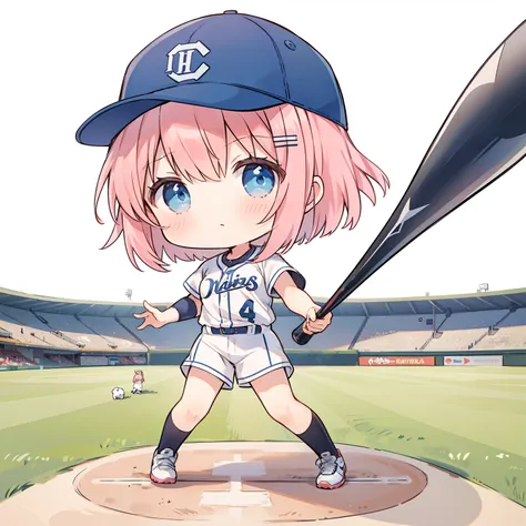 ((chibi:1.5)), (masterpiece), (best quality), high resolution, ultra detail, photorealistic, 8K
BREAK
1girl, cute girl, shiny body, shiny skin, middle breasts), pink hair, short bob hair, hairband, blue eyes, baseball uniform, baseball cap
BREAK
female bas...