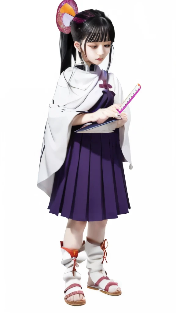 a cartoon girl in a skirt holding a knife and a book, hinata hyuga, full body white purple cloak, shalltear from overlord, she is holding a katana sword, black - haired mage, hinata hyuga from naruto, demon slayer rui fanart, full body purple and white clo...