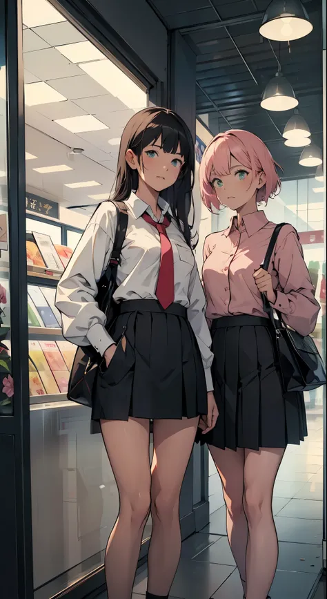 2 girls, pink short hair, lgreen eyes，Small satchel, (office attire: 1.5), Japanese anime style, night, (Stand in front of the store: 1.5), collared long sleeve shirt, hip-covering skirt, top down camera, long black hair, pleated skirt, butterfly tie