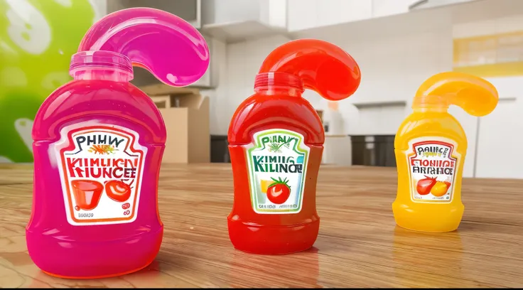 three bottles of ketchup and tomato ketchup on a table, ketchup, spilling ketchup, extra ketchup, ash ketchup, slimy fluid liquid blobs, rainbow liquids, packaging design, colourful slime, glossy plastic, juicy color, juicy, designed in blender, realistic ...